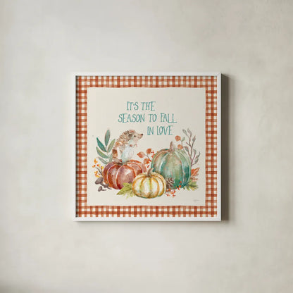 Autumn Friends III Pattern VA by Mary Urban. Shown in a crisp white glass frame for a clean and minimalist style. Available as an archival giclee rolled canvas, fine art paper, or poster print. SKU 50599a.