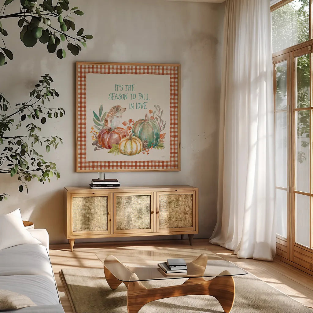 Autumn Friends III Pattern VA by Mary Urban. Shown in a natural wood frame in a cozy modern living room. Available as an archival giclee rolled canvas, fine art paper, or poster print. SKU 50599a.