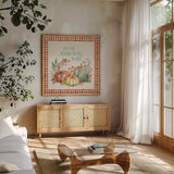 Autumn Friends III Pattern VA by Mary Urban. Shown in a natural wood frame in a cozy modern living room. Available as an archival giclee rolled canvas, fine art paper, or poster print. SKU 50599a.