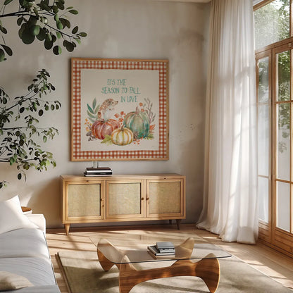 Autumn Friends III Pattern VA by Mary Urban. Shown in a natural wood frame in a cozy modern living room. Available as an archival giclee rolled canvas, fine art paper, or poster print. SKU 50599a.