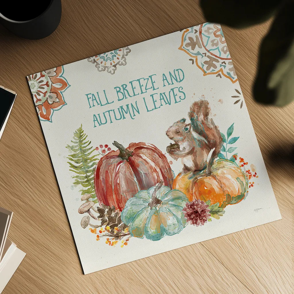 Autumn Friends IV by Mary Urban. Shown as a detailed flat fine art print, highlighting archival giclee quality. Available as an archival giclee rolled canvas, fine art paper, or poster print. SKU 49833a.