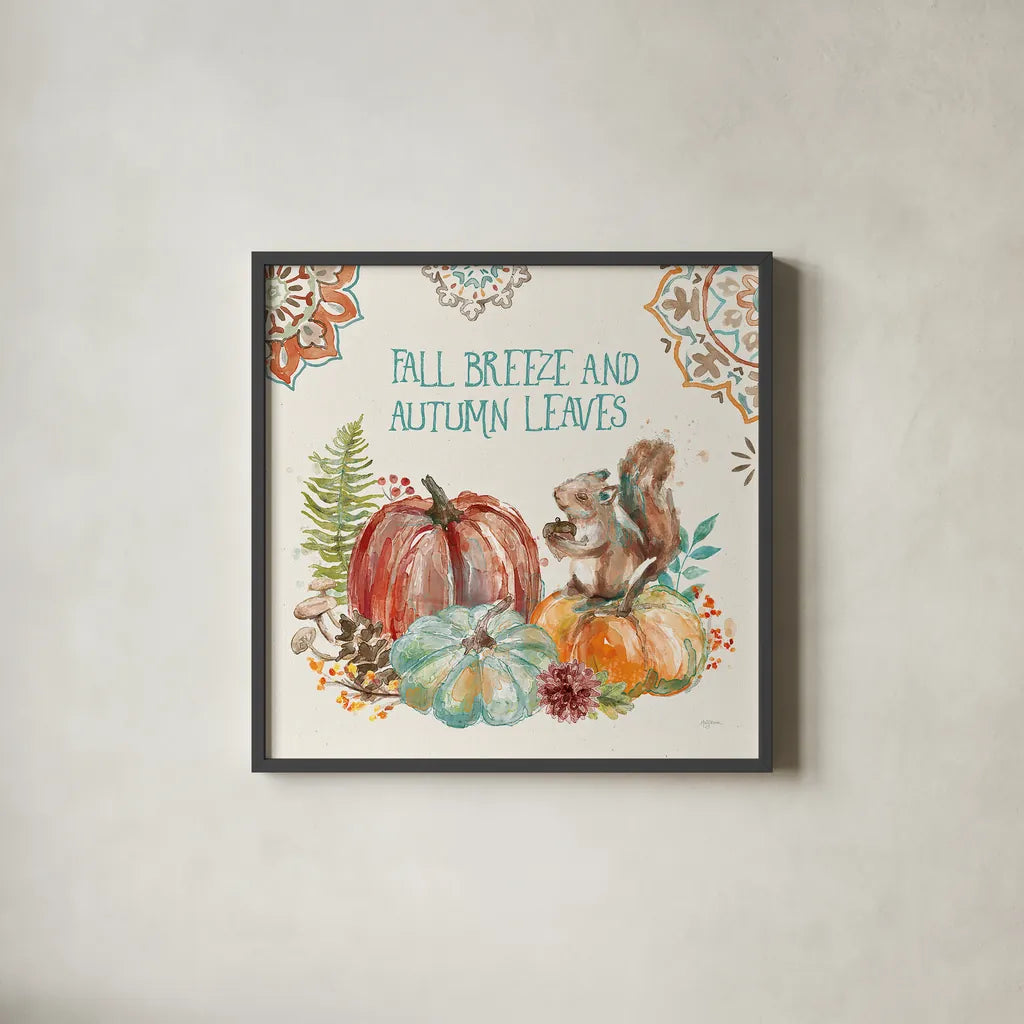 Autumn Friends IV by Mary Urban. Shown in a sleek black glass frame for a contemporary gallery look. Available as an archival giclee rolled canvas, fine art paper, or poster print. SKU 49833a.