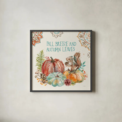 Autumn Friends IV by Mary Urban. Shown in a sleek black glass frame for a contemporary gallery look. Available as an archival giclee rolled canvas, fine art paper, or poster print. SKU 49833a.