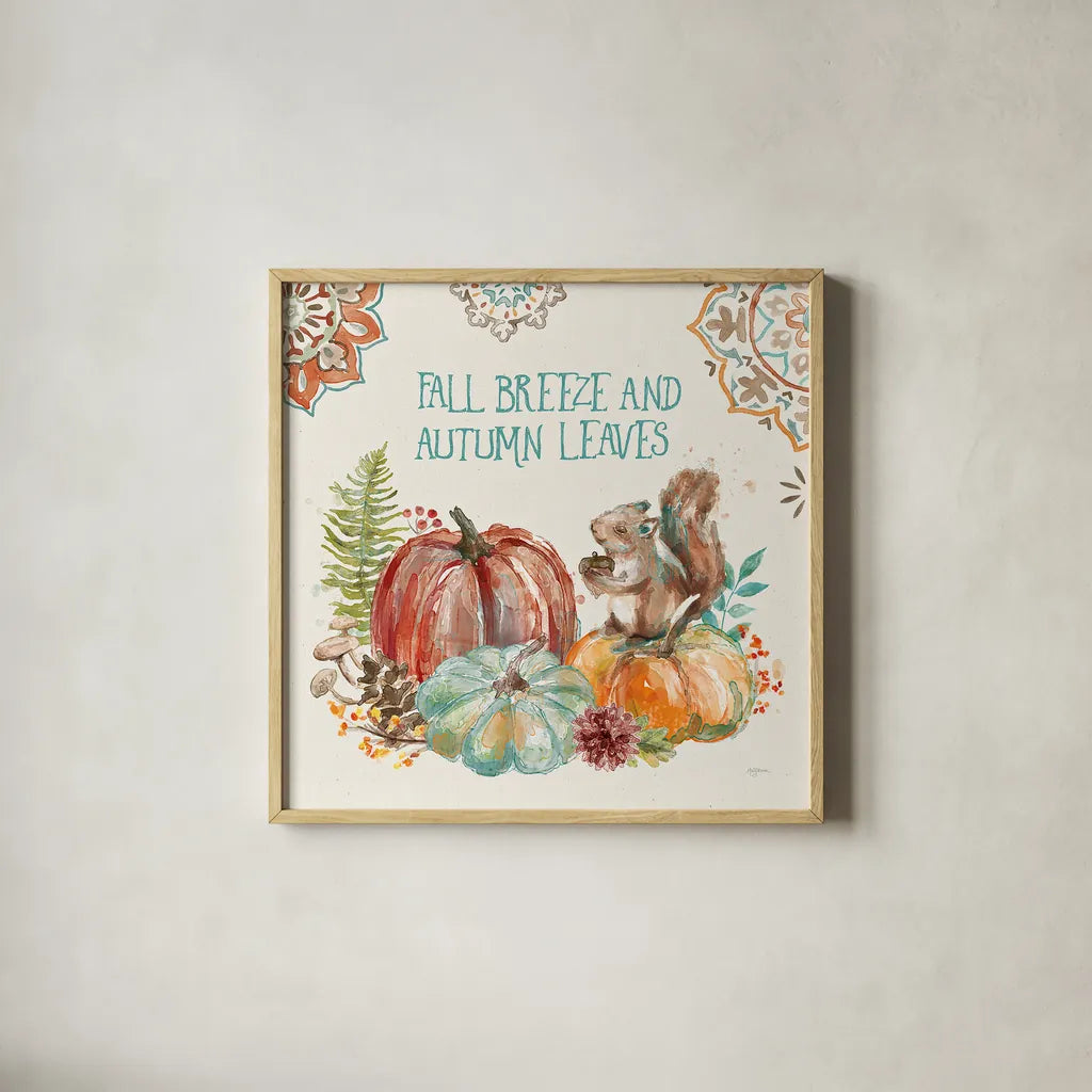 Autumn Friends IV by Mary Urban. Shown in a natural wood glass frame for a timeless modern aesthetic. Available as an archival giclee rolled canvas, fine art paper, or poster print. SKU 49833a.