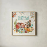 Autumn Friends IV by Mary Urban. Shown in a natural wood glass frame for a timeless modern aesthetic. Available as an archival giclee rolled canvas, fine art paper, or poster print. SKU 49833a.