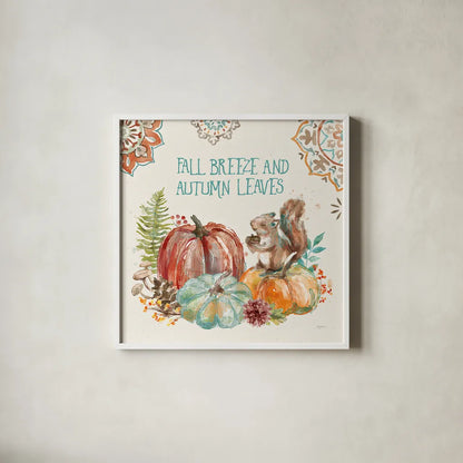 Autumn Friends IV by Mary Urban. Shown in a crisp white glass frame for a clean and minimalist style. Available as an archival giclee rolled canvas, fine art paper, or poster print. SKU 49833a.