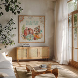 Autumn Friends IV by Mary Urban. Shown in a natural wood frame in a cozy modern living room. Available as an archival giclee rolled canvas, fine art paper, or poster print. SKU 49833a.