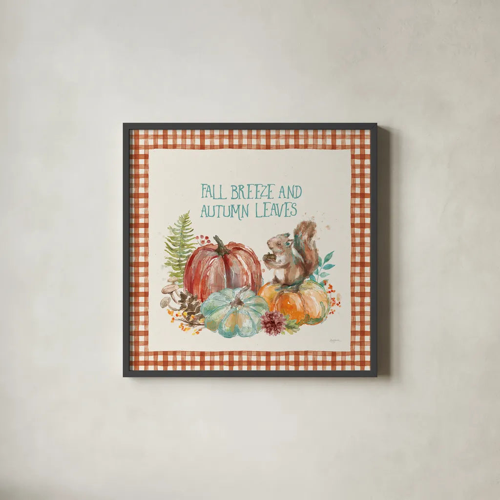 Autumn Friends IV Pattern VA by Mary Urban. Shown in a sleek black glass frame for a contemporary gallery look. Available as an archival giclee rolled canvas, fine art paper, or poster print. SKU 50600a.