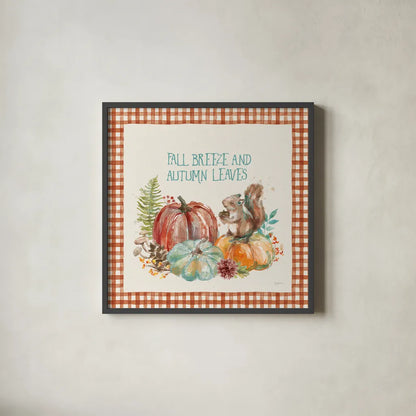 Autumn Friends IV Pattern VA by Mary Urban. Shown in a sleek black glass frame for a contemporary gallery look. Available as an archival giclee rolled canvas, fine art paper, or poster print. SKU 50600a.