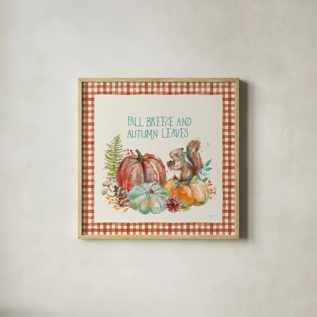 Autumn Friends IV Pattern VA by Mary Urban. Shown in a natural wood glass frame for a timeless modern aesthetic. Available as an archival giclee rolled canvas, fine art paper, or poster print. SKU 50600a.