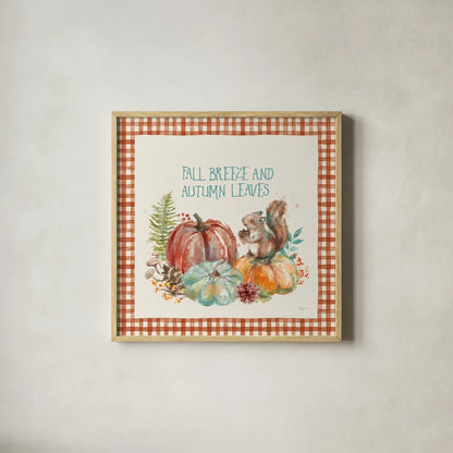 Autumn Friends IV Pattern VA by Mary Urban. Shown in a natural wood glass frame for a timeless modern aesthetic. Available as an archival giclee rolled canvas, fine art paper, or poster print. SKU 50600a.