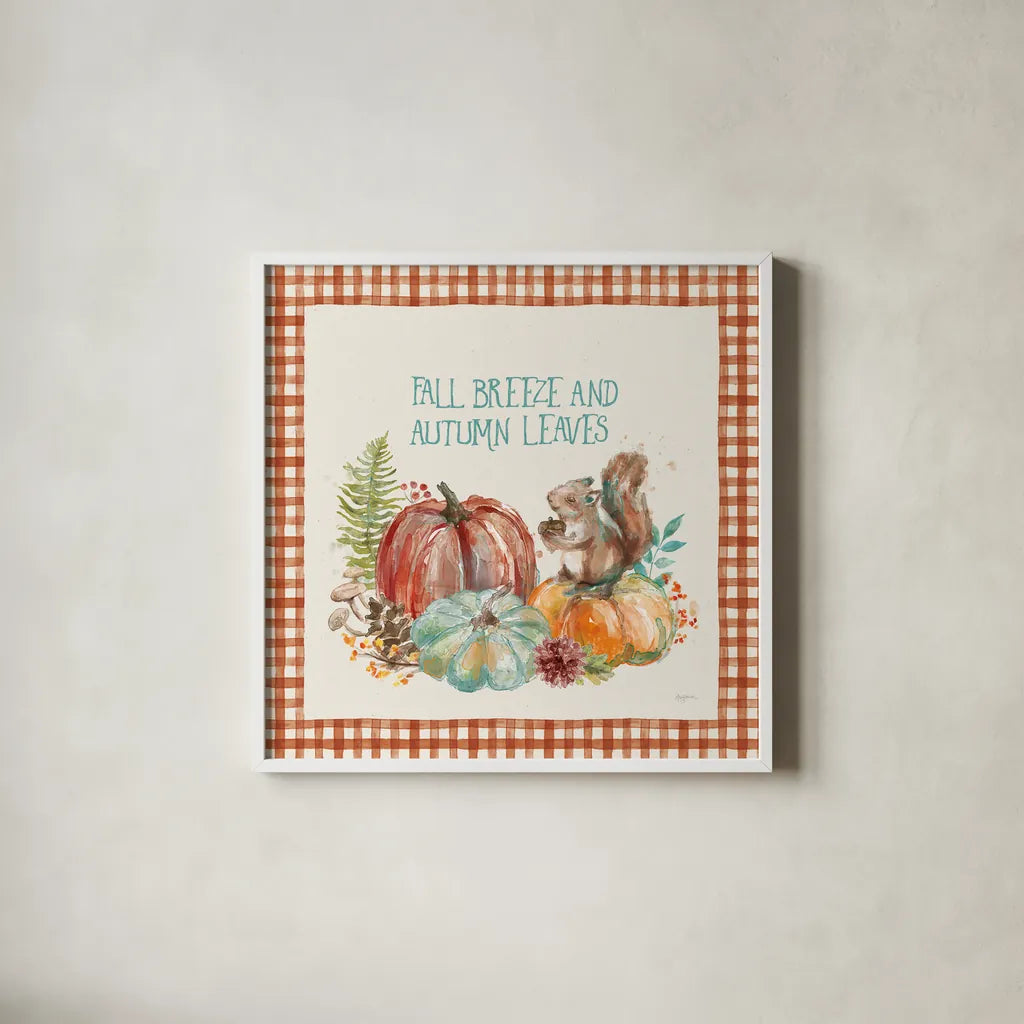 Autumn Friends IV Pattern VA by Mary Urban. Shown in a crisp white glass frame for a clean and minimalist style. Available as an archival giclee rolled canvas, fine art paper, or poster print. SKU 50600a.