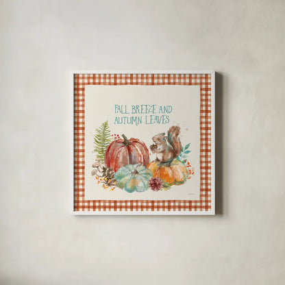 Autumn Friends IV Pattern VA by Mary Urban. Shown in a crisp white glass frame for a clean and minimalist style. Available as an archival giclee rolled canvas, fine art paper, or poster print. SKU 50600a.