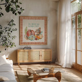 Autumn Friends IV Pattern VA by Mary Urban. Shown in a natural wood frame in a cozy modern living room. Available as an archival giclee rolled canvas, fine art paper, or poster print. SKU 50600a.