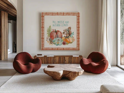 Autumn Friends IV Pattern VA by Mary Urban. Shown as extra-large giant wall art in a modern living room. Available as an archival giclee rolled canvas, fine art paper, or poster print. SKU 50600a.