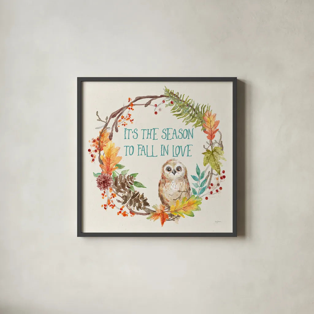 Autumn Friends V by Mary Urban. Shown in a sleek black glass frame for a contemporary gallery look. Available as an archival giclee rolled canvas, fine art paper, or poster print. SKU 49834a.