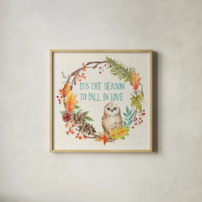 Autumn Friends V by Mary Urban. Shown in a natural wood glass frame for a timeless modern aesthetic. Available as an archival giclee rolled canvas, fine art paper, or poster print. SKU 49834a.