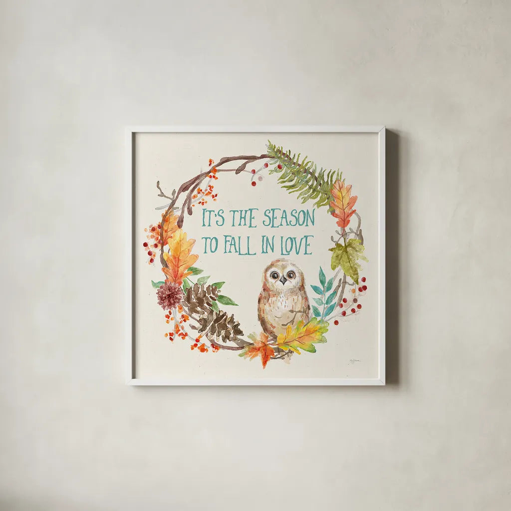 Autumn Friends V by Mary Urban. Shown in a crisp white glass frame for a clean and minimalist style. Available as an archival giclee rolled canvas, fine art paper, or poster print. SKU 49834a.