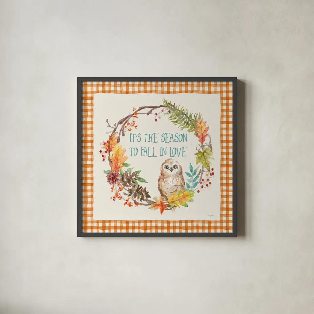 Autumn Friends V Pattern VD by Mary Urban. Shown in a sleek black glass frame for a contemporary gallery look. Available as an archival giclee rolled canvas, fine art paper, or poster print. SKU 50601a.