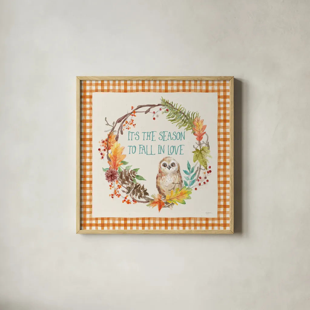 Autumn Friends V Pattern VD by Mary Urban. Shown in a natural wood glass frame for a timeless modern aesthetic. Available as an archival giclee rolled canvas, fine art paper, or poster print. SKU 50601a.