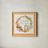 Autumn Friends V Pattern VD by Mary Urban. Shown in a natural wood glass frame for a timeless modern aesthetic. Available as an archival giclee rolled canvas, fine art paper, or poster print. SKU 50601a.