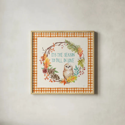 Autumn Friends V Pattern VD by Mary Urban. Shown in a natural wood glass frame for a timeless modern aesthetic. Available as an archival giclee rolled canvas, fine art paper, or poster print. SKU 50601a.