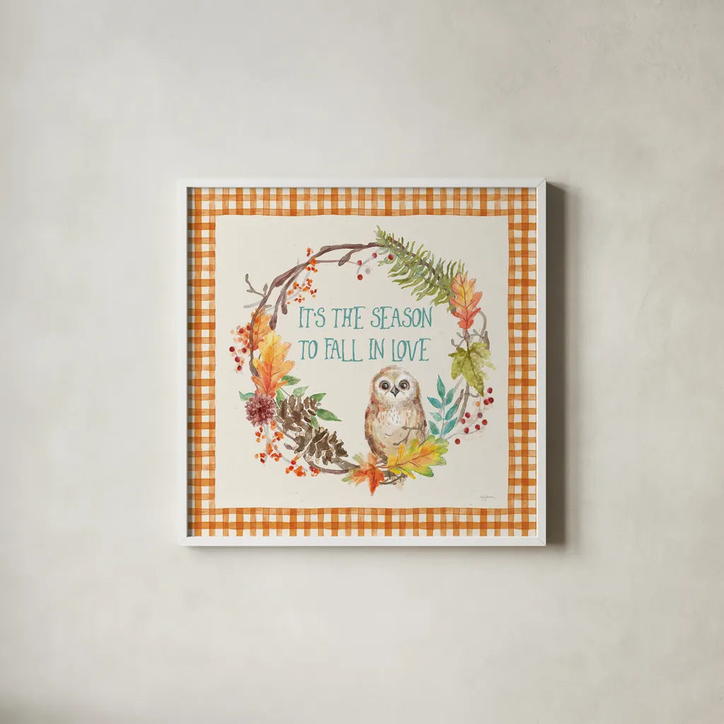 Autumn Friends V Pattern VD by Mary Urban. Shown in a crisp white glass frame for a clean and minimalist style. Available as an archival giclee rolled canvas, fine art paper, or poster print. SKU 50601a.