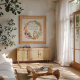 Autumn Friends V Pattern VD by Mary Urban. Shown in a natural wood frame in a cozy modern living room. Available as an archival giclee rolled canvas, fine art paper, or poster print. SKU 50601a.