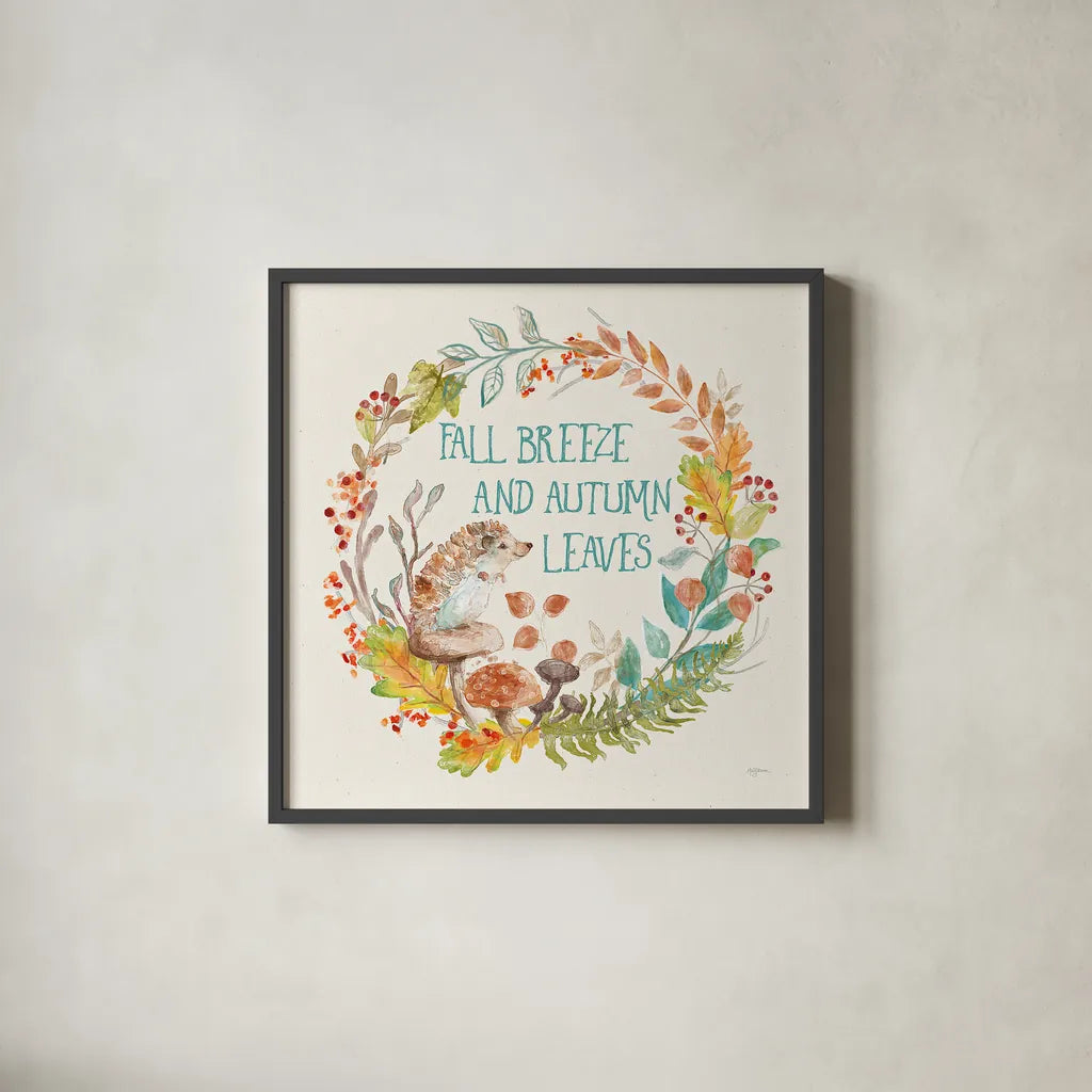 Autumn Friends VI by Mary Urban. Shown in a sleek black glass frame for a contemporary gallery look. Available as an archival giclee rolled canvas, fine art paper, or poster print. SKU 49835a.