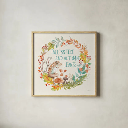 Autumn Friends VI by Mary Urban. Shown in a natural wood glass frame for a timeless modern aesthetic. Available as an archival giclee rolled canvas, fine art paper, or poster print. SKU 49835a.