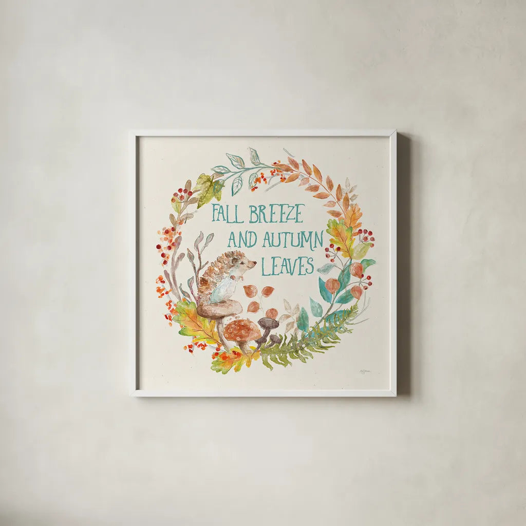 Autumn Friends VI by Mary Urban. Shown in a crisp white glass frame for a clean and minimalist style. Available as an archival giclee rolled canvas, fine art paper, or poster print. SKU 49835a.