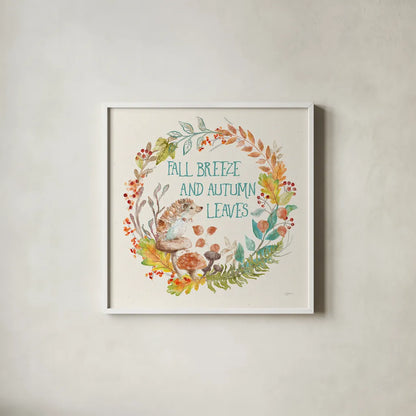 Autumn Friends VI by Mary Urban. Shown in a crisp white glass frame for a clean and minimalist style. Available as an archival giclee rolled canvas, fine art paper, or poster print. SKU 49835a.