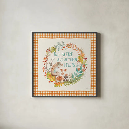 Autumn Friends VI Pattern VD by Mary Urban. Shown in a sleek black glass frame for a contemporary gallery look. Available as an archival giclee rolled canvas, fine art paper, or poster print. SKU 50602a.