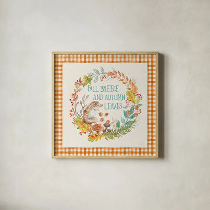 Autumn Friends VI Pattern VD by Mary Urban. Shown in a natural wood glass frame for a timeless modern aesthetic. Available as an archival giclee rolled canvas, fine art paper, or poster print. SKU 50602a.