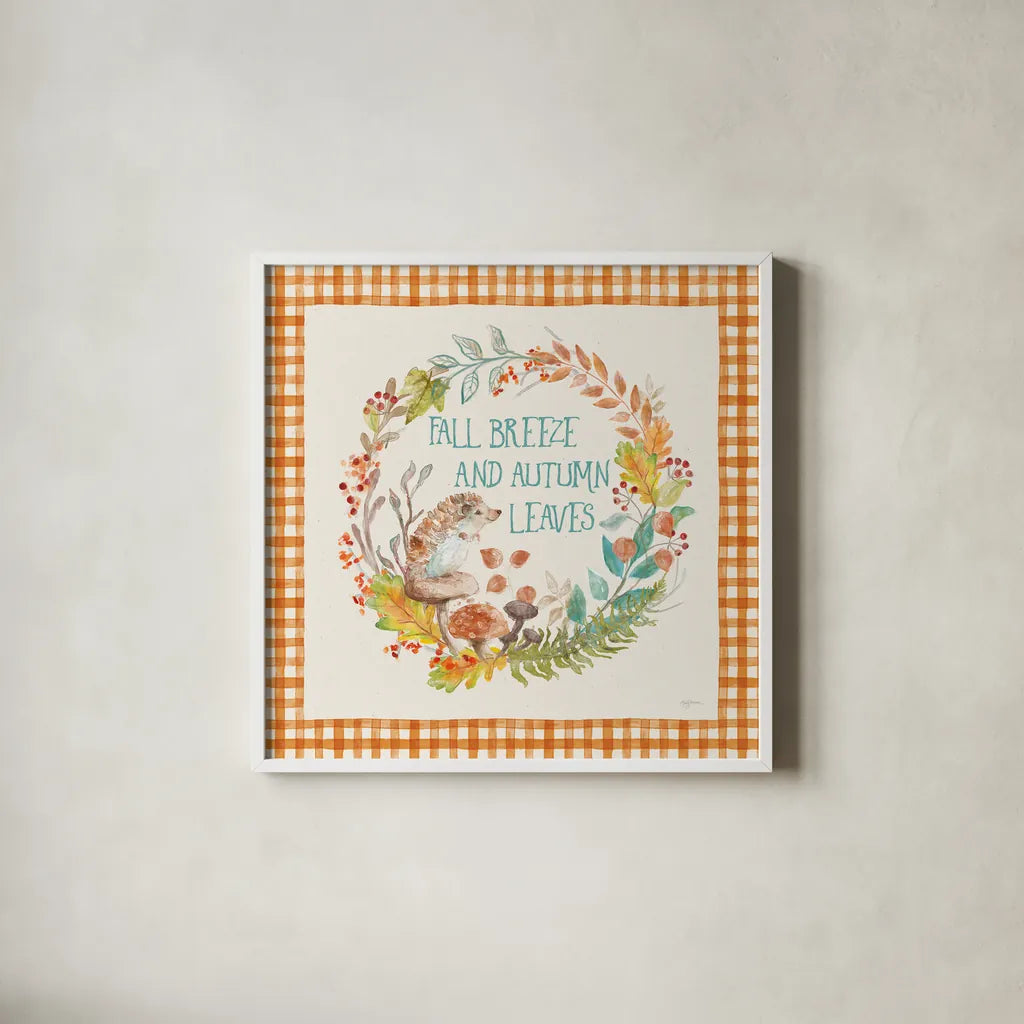 Autumn Friends VI Pattern VD by Mary Urban. Shown in a crisp white glass frame for a clean and minimalist style. Available as an archival giclee rolled canvas, fine art paper, or poster print. SKU 50602a.