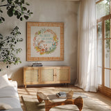 Autumn Friends VI Pattern VD by Mary Urban. Shown in a natural wood frame in a cozy modern living room. Available as an archival giclee rolled canvas, fine art paper, or poster print. SKU 50602a.