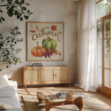 Autumn Harvest I Linen by Mary Urban. Shown in a natural wood frame in a cozy modern living room. Available as an archival giclee rolled canvas, fine art paper, or poster print. SKU 47590a.