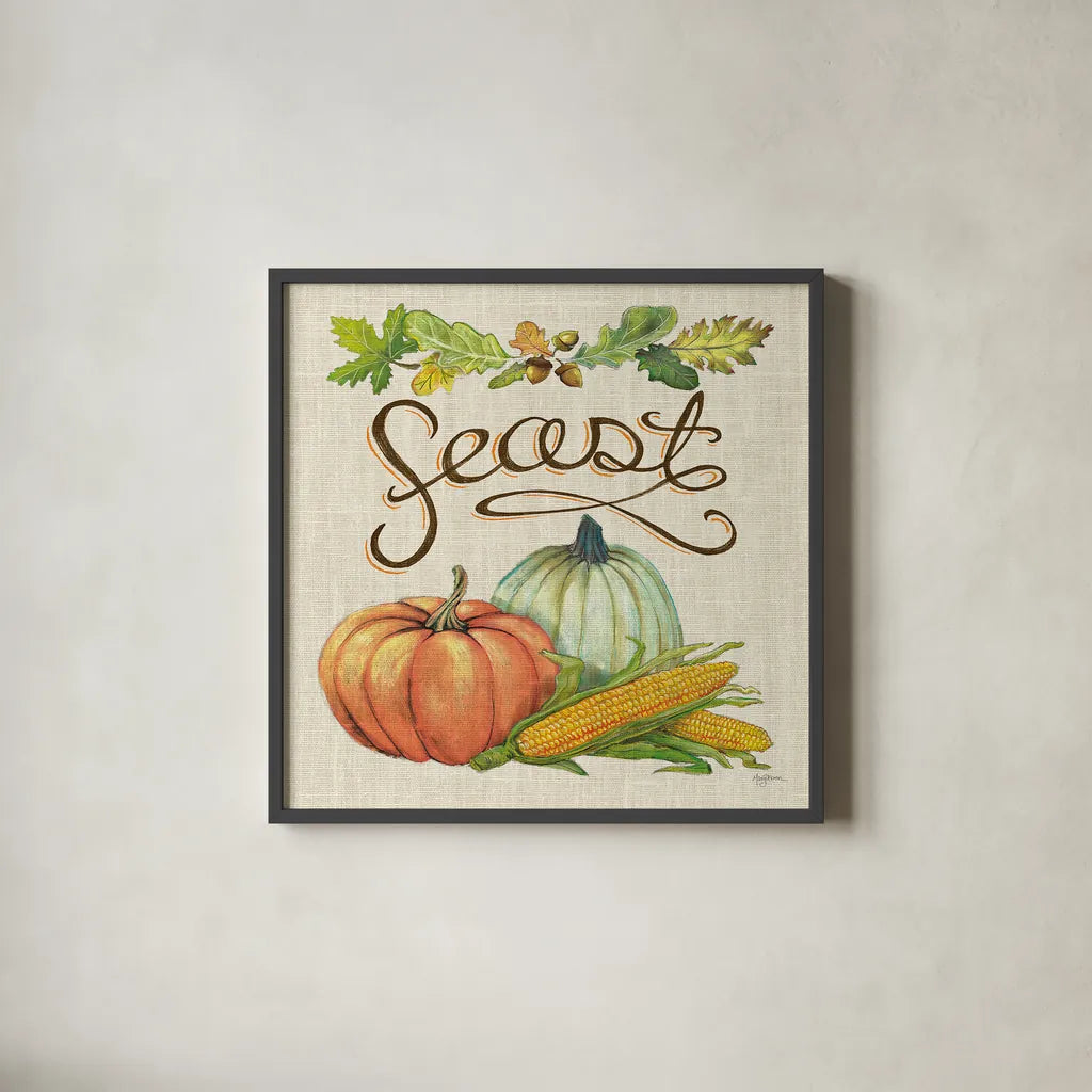 Autumn Harvest II Linen by Mary Urban. Shown in a sleek black glass frame for a contemporary gallery look. Available as an archival giclee rolled canvas, fine art paper, or poster print. SKU 47591a.