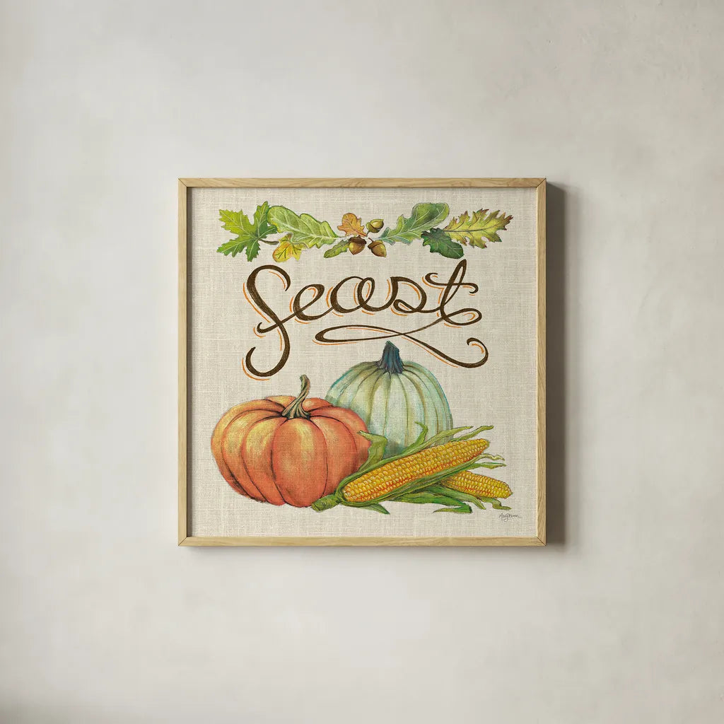 Autumn Harvest II Linen by Mary Urban. Shown in a natural wood glass frame for a timeless modern aesthetic. Available as an archival giclee rolled canvas, fine art paper, or poster print. SKU 47591a.