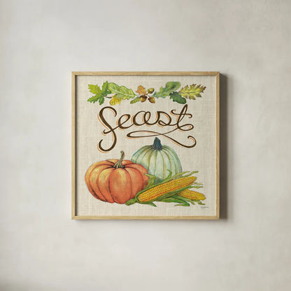 Autumn Harvest II Linen by Mary Urban. Shown in a natural wood glass frame for a timeless modern aesthetic. Available as an archival giclee rolled canvas, fine art paper, or poster print. SKU 47591a.