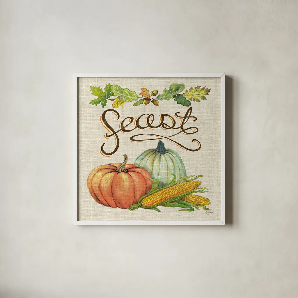 Autumn Harvest II Linen by Mary Urban. Shown in a crisp white glass frame for a clean and minimalist style. Available as an archival giclee rolled canvas, fine art paper, or poster print. SKU 47591a.
