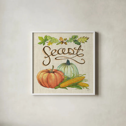 Autumn Harvest II Linen by Mary Urban. Shown in a crisp white glass frame for a clean and minimalist style. Available as an archival giclee rolled canvas, fine art paper, or poster print. SKU 47591a.
