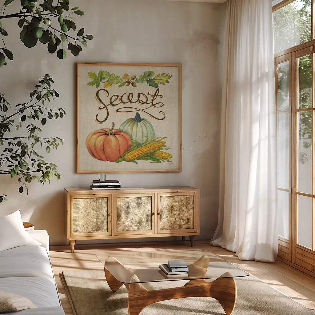 Autumn Harvest II Linen by Mary Urban. Shown in a natural wood frame in a cozy modern living room. Available as an archival giclee rolled canvas, fine art paper, or poster print. SKU 47591a.