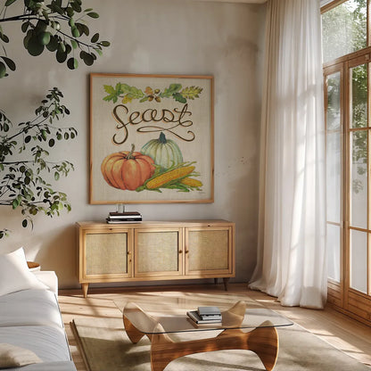 Autumn Harvest II Linen by Mary Urban. Shown in a natural wood frame in a cozy modern living room. Available as an archival giclee rolled canvas, fine art paper, or poster print. SKU 47591a.