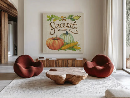 Autumn Harvest II Linen by Mary Urban. Shown as extra-large giant wall art in a modern living room. Available as an archival giclee rolled canvas, fine art paper, or poster print. SKU 47591a.