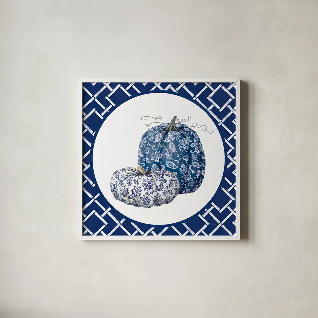 Autumn Harvest III Chinoiserie by Mary Urban. Shown in a crisp white glass frame for a clean and minimalist style. Available as an archival giclee rolled canvas, fine art paper, or poster print. SKU 82807a.