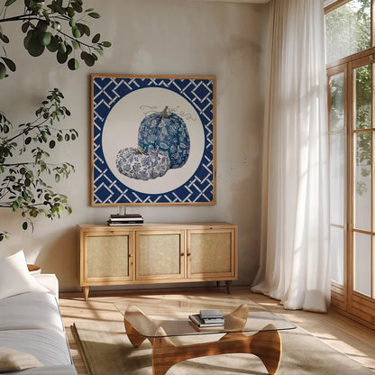 Autumn Harvest III Chinoiserie by Mary Urban. Shown in a natural wood frame in a cozy modern living room. Available as an archival giclee rolled canvas, fine art paper, or poster print. SKU 82807a.