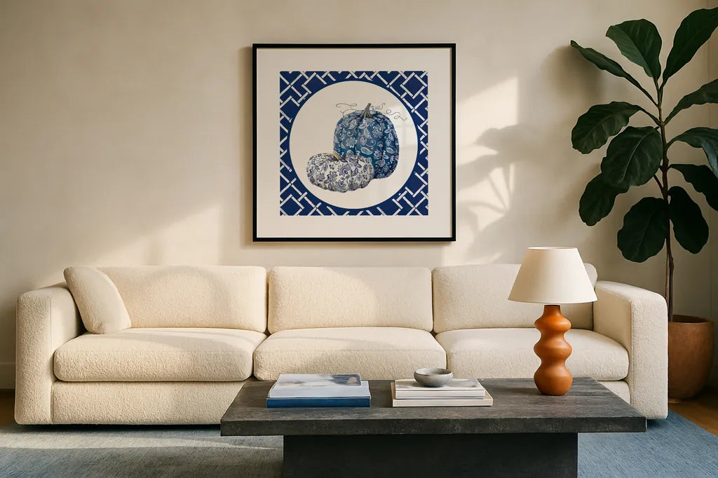 Autumn Harvest III Chinoiserie by Mary Urban. Displayed in a glass frame with matte in a clean modern living room. Available as an archival giclee rolled canvas, fine art paper, or poster print. SKU 82807a.
