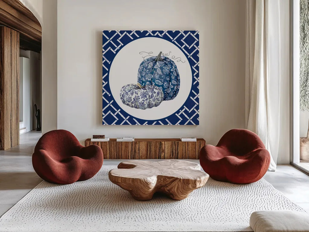 Autumn Harvest III Chinoiserie by Mary Urban. Shown as extra-large giant wall art in a modern living room. Available as an archival giclee rolled canvas, fine art paper, or poster print. SKU 82807a.