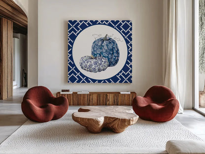 Autumn Harvest III Chinoiserie by Mary Urban. Shown as extra-large giant wall art in a modern living room. Available as an archival giclee rolled canvas, fine art paper, or poster print. SKU 82807a.